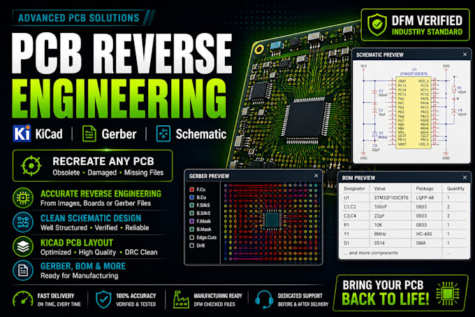 do reverse engineering, pcb layouts pcb schematic and gerber with  bom files