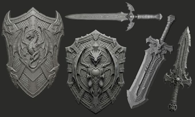 create 3d sword, shield and cosplay weapon, stl for printing
