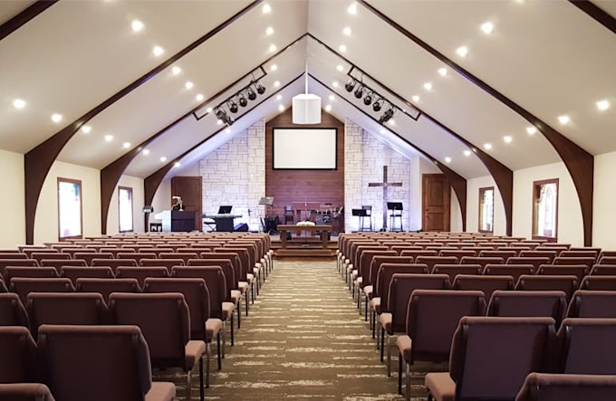 design church interior in 3d rendering, modelling visualization and animation