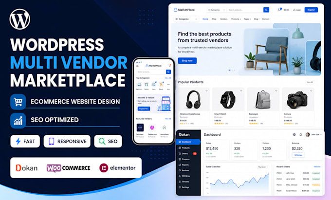 develop wordpress multi vendor ecommerce marketplace website with SEO