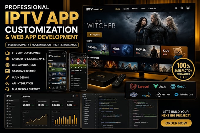 do iptv app rebranding, laravel PHP vuejs reactjs ai web app development