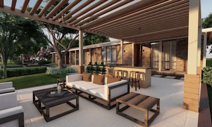 design backyard landscape with pool, garden and realistic 3d rendering