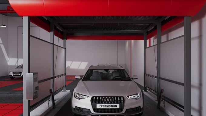 redesign car showroom interior, dealership facility layout, render auto workshop