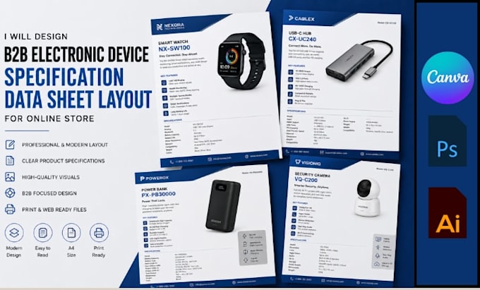 design b2b electronic device specification data sheet layout for online store