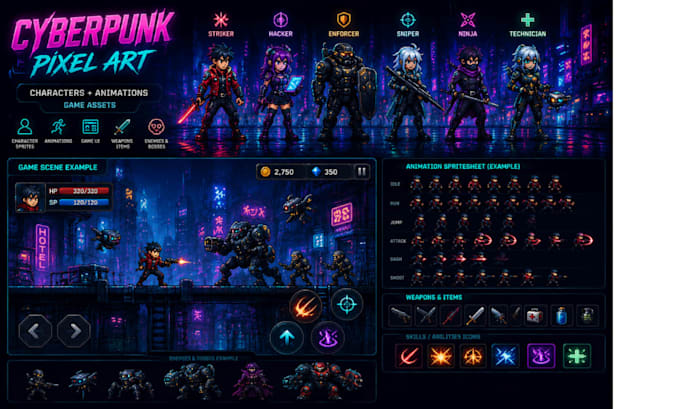 Create sprite animations and game assets, custom cyberpunk pixel art ...