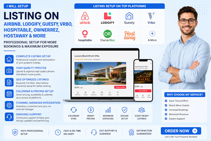 setup airbnb listing, lodgify website, vrbo, guesty, hospitable and hostaway