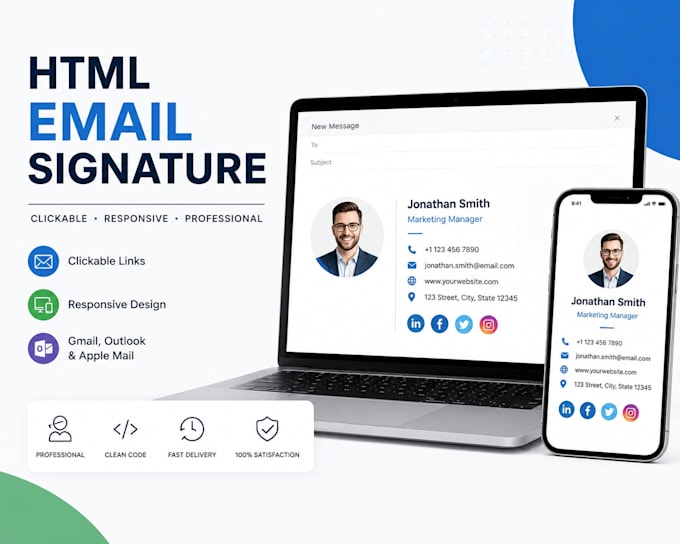 make clickable html email signature for gmail, animated logo, outlook signature