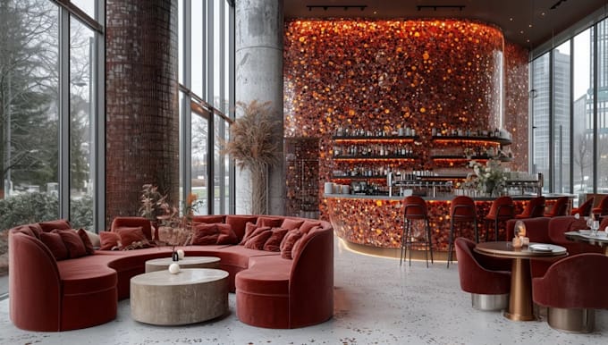 do luxury nightclub interior design, cafe, 3d bar render and vip lounge cgi