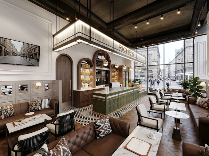 do luxury restaurant interior design, lounge, cafe 3d render and bar cgi