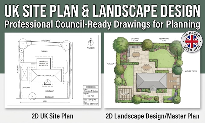 draw UK site plan, plot plan, and landscape plan for planning