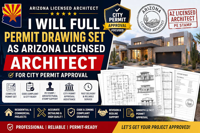 full permit drawing set as arizona licensed architect for city permit approval