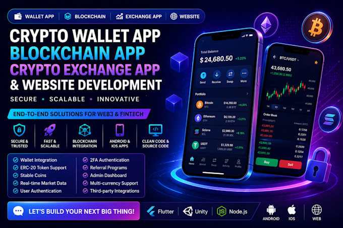 develop secure crypto wallet app, blockchain app, crypto exchange app, website