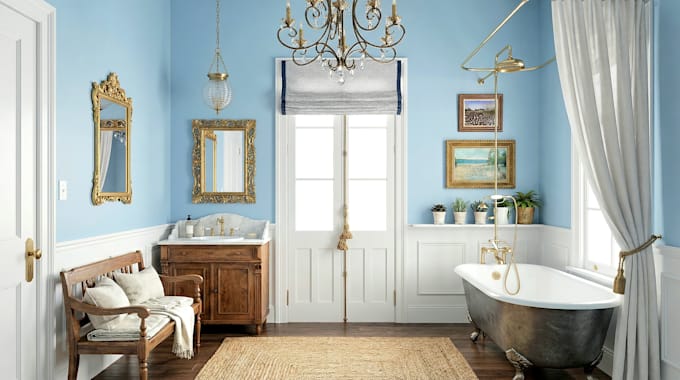 create photorealistic 3d interior design rendering, bathroom design