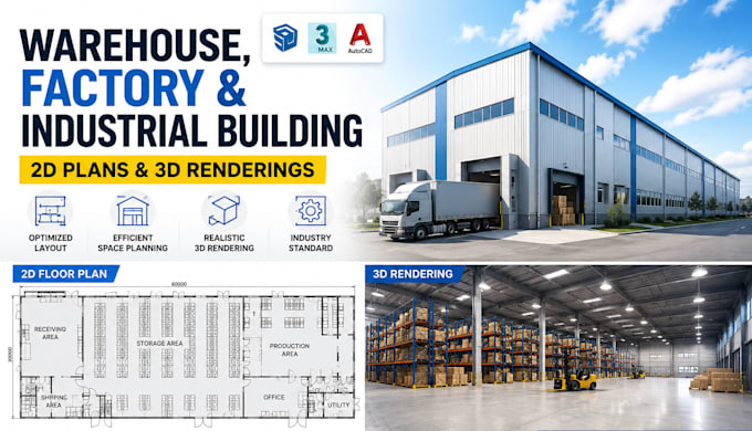 design warehouse 2d floor plan, industrial building, factory and  3d rendering
