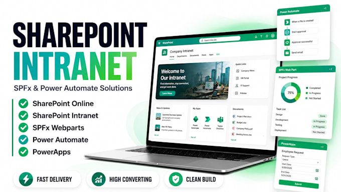 develop sharepoint online intranet, spfx webparts and power automate workflows