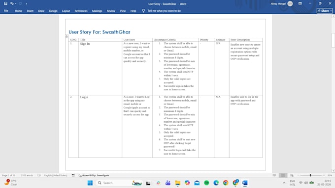 write a brd, user stories, and process flows