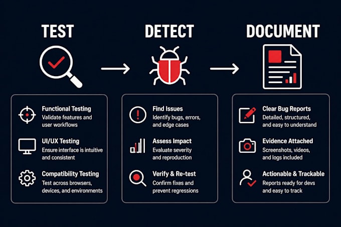 professional QA testing, bug reporting, and test documentation for you