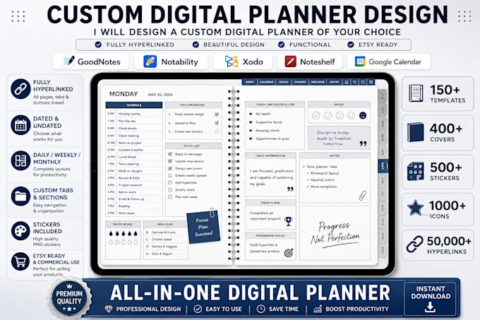 design custom etsy digital planner, hyperlinked planner, etsy digital products
