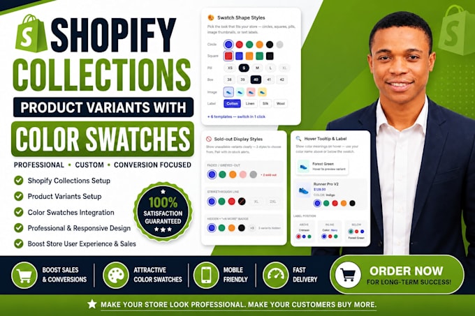 set up shopify collections, size and color variants, product filters swatches