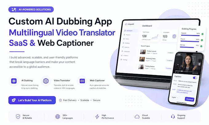 develop custom ai dubbing app, multilingual video translator saas, web captioner