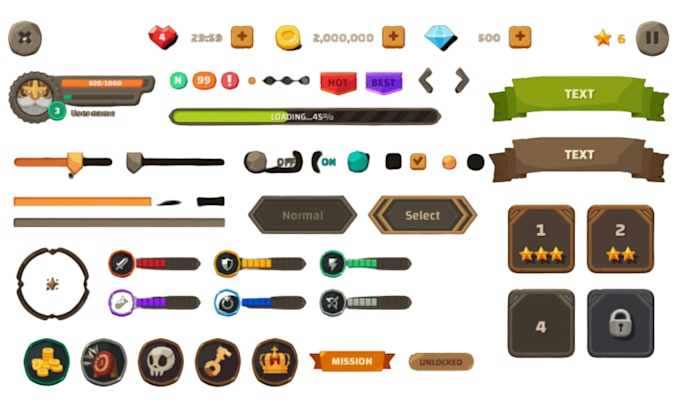 design retro pixel game UI, inventory, hud and gui