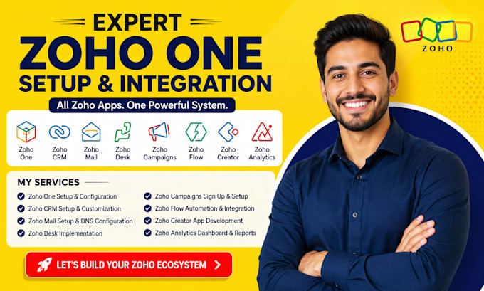 setup zoho one, zoho crm, mail, desk, campaign sign, flow, creator, analytics
