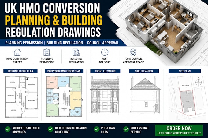 do uk hmo conversion, planning permission and building regulation drawings