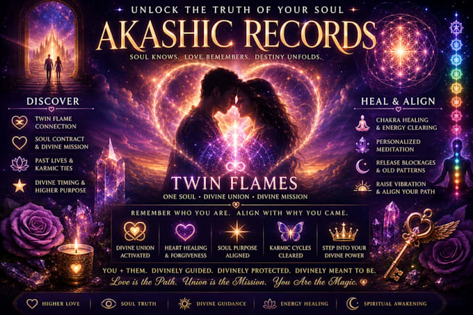provide an akashic records twin flame reading and free reiki healing