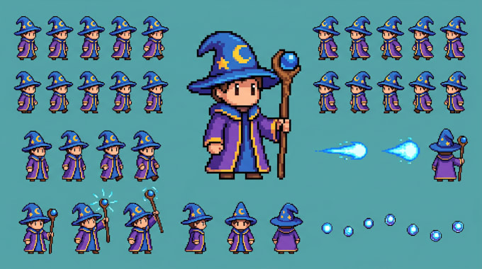 create pixel art characters, pixel sprite sheets animation and pixel game assets