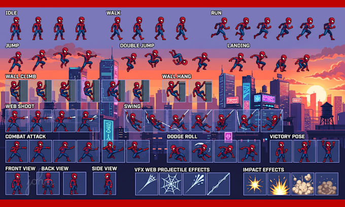 pixel art characters, pixel sprite sheets animation and pixel game assets