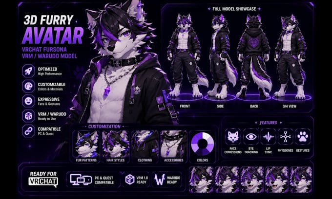 design 3d furry vrchat avatar custom fursona vrm warudo model rigging