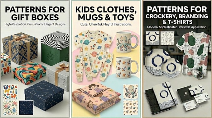 design custom seamless patterns for packaging, kids items, and branding