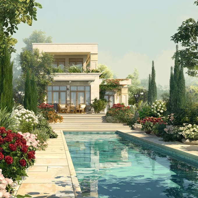 design landscape, home garden, pool, patio, villa landscape
