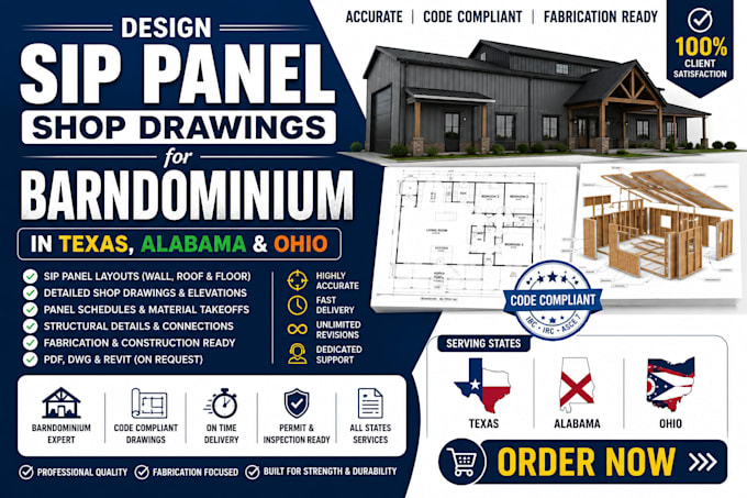 design sip panel shop drawings for barndominium in texas, alabama and ohio