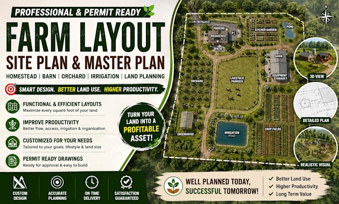 design homestead layout, farm layout, site plan, barn and orchard layout