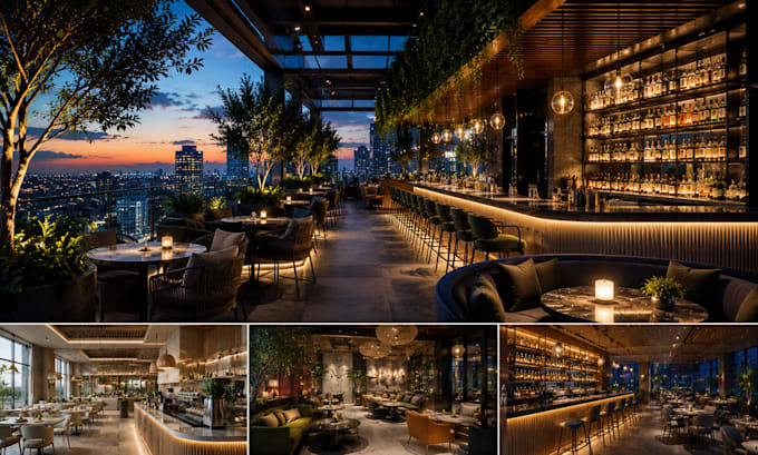 create modern cafe lounge rooftop bar interior cgi rendering