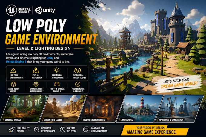 create low poly 3d game environments, level design, and lighting in ue5