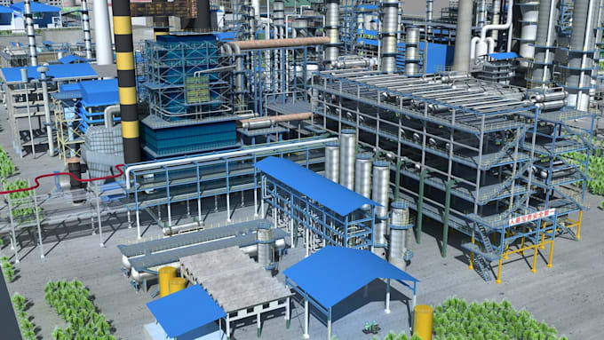 create photorealistic 3d refinery, power plant, factory, and industrial design