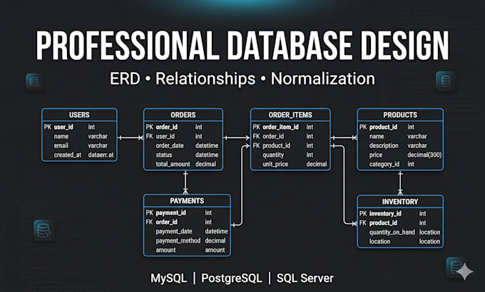 design database schema, erd, mysql, postgresql or sql server