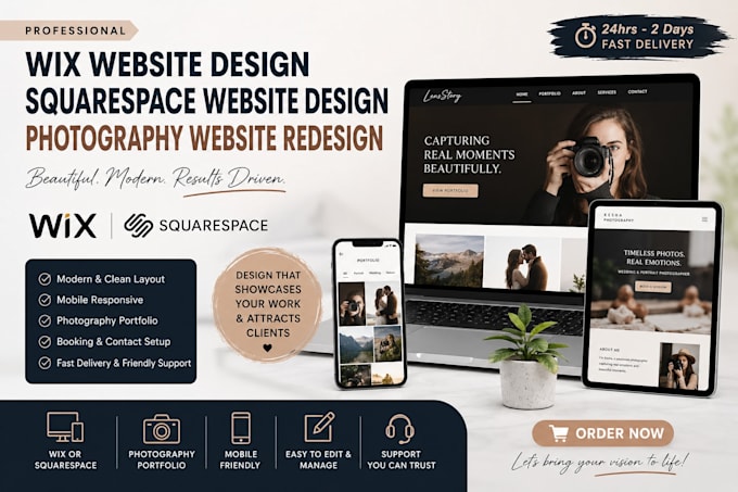 wix website design or squarespace website design, photography website redesign