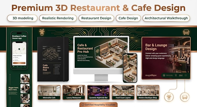 do 3d interior design of restaurant and cafe with realistic rendering