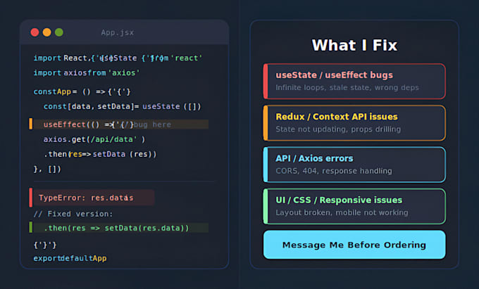 fix your react js, and node js bugs and errors fast
