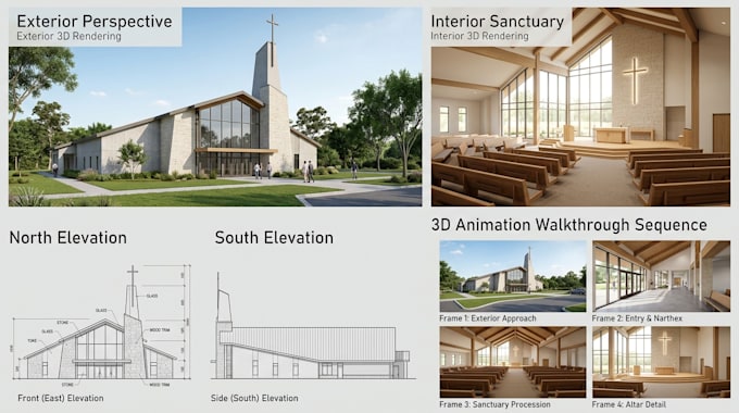 render church design both interior and exterior, elevations, and 3d animations