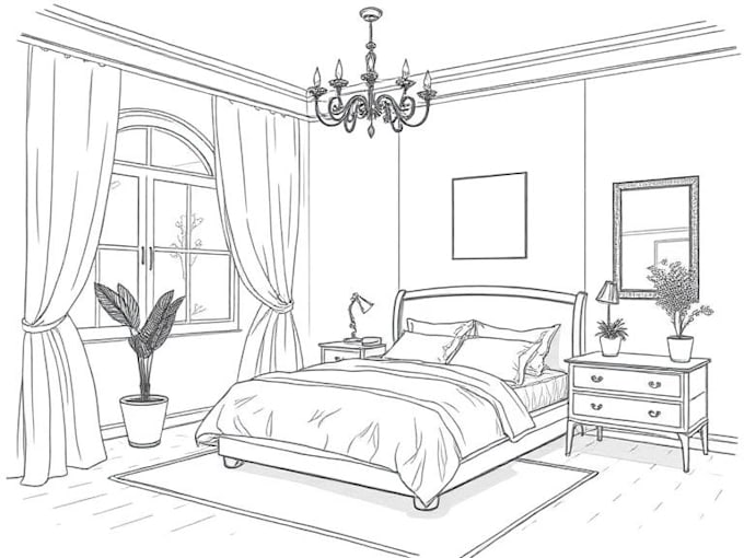 make bedroom interior illustration, sketch