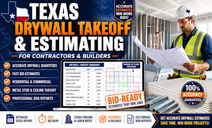prepare texas drywall quantity survey and construction estimates