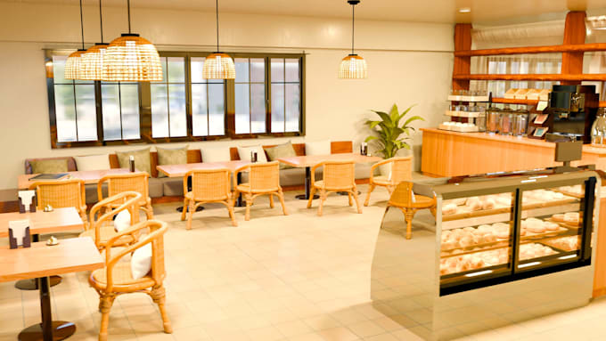 convert your 2d floor plan into a 3d cafe interior render