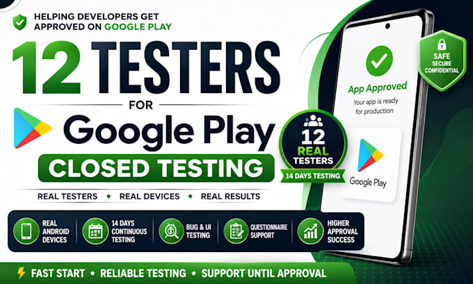 provide 12 testers for google play closed testing for 14 days