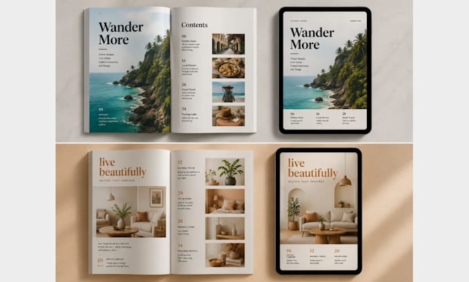 design journal, workbook, planner, book interior layout design magazine design