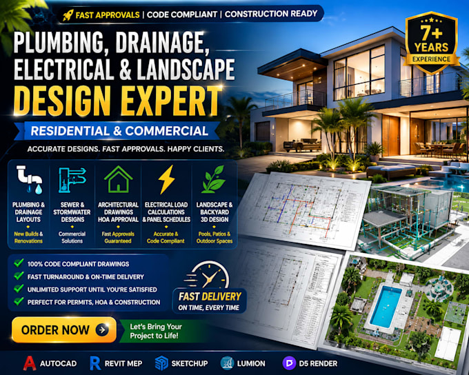 create plumbing, drainage, electrical, landscape plan for residential commercial