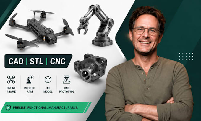 robotics cad, fpv drone frame, cnc prototype, robotic arm stl expert pro service